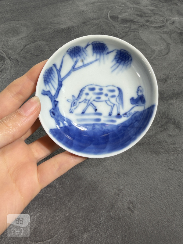 清道光青花牧马图浅碗 - 图2